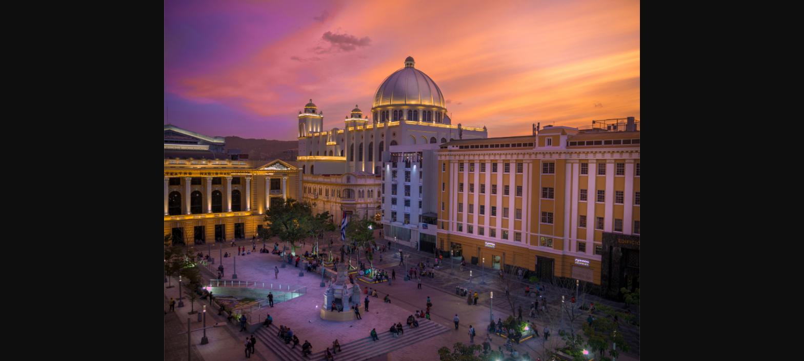 Historic Center of San Salvador - National Theater and National Palace at sunset, El Salvador